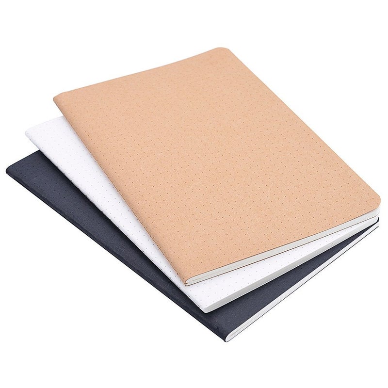 newestor Set of 3 A5 Dotted Notebook/Travel Journal - 5.5 x 8.25 Dot Grid Paper for Bullet Notes Journaling, Total 120 Sheets/240 Pages, Black/White/Kraft Brown Cover - Image 1